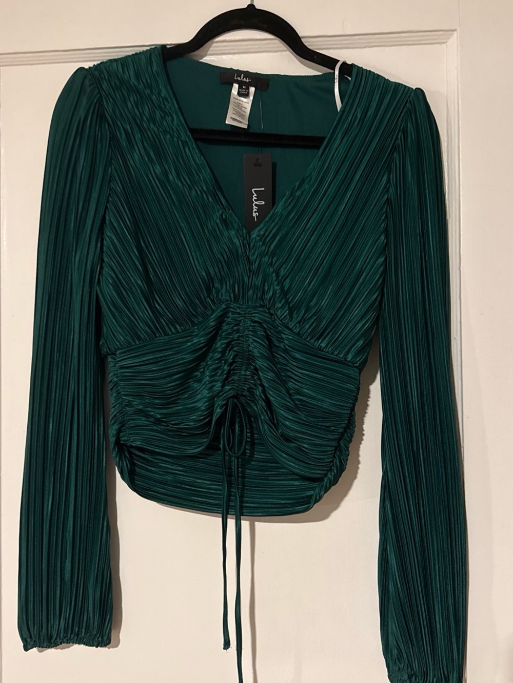 Lulu's Deep Teal Ruched V-Neck Long Sleeve Crop Top